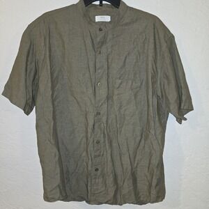 Uniqlo Large Linen Cotton Blend Band Collar Shirt Olive Green Short Sleeve